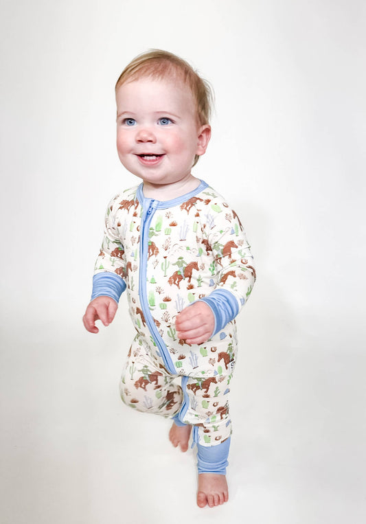 Saddle Up, Cowboy Toile  - LS Convertible Zip PJs: 0-3 mo