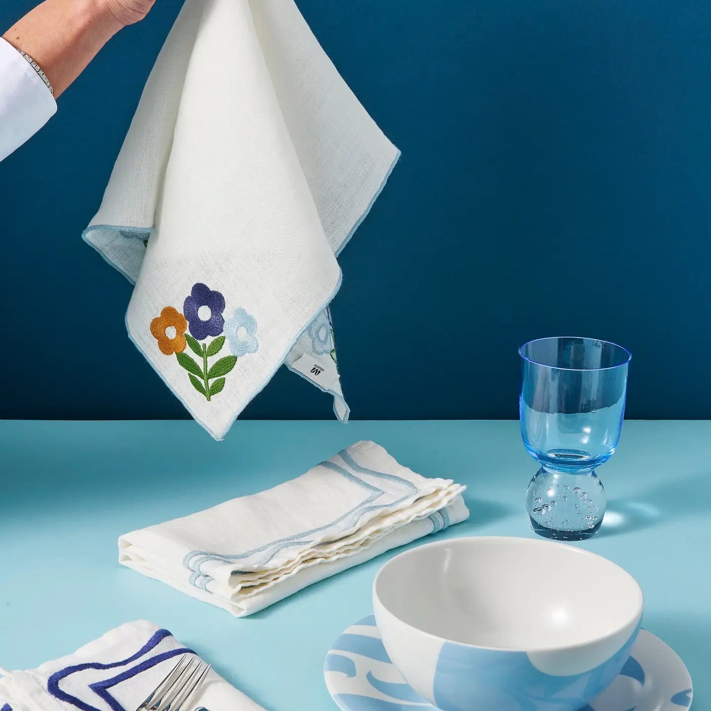 Floral Embroidered Linen Napkin in Dark Blue