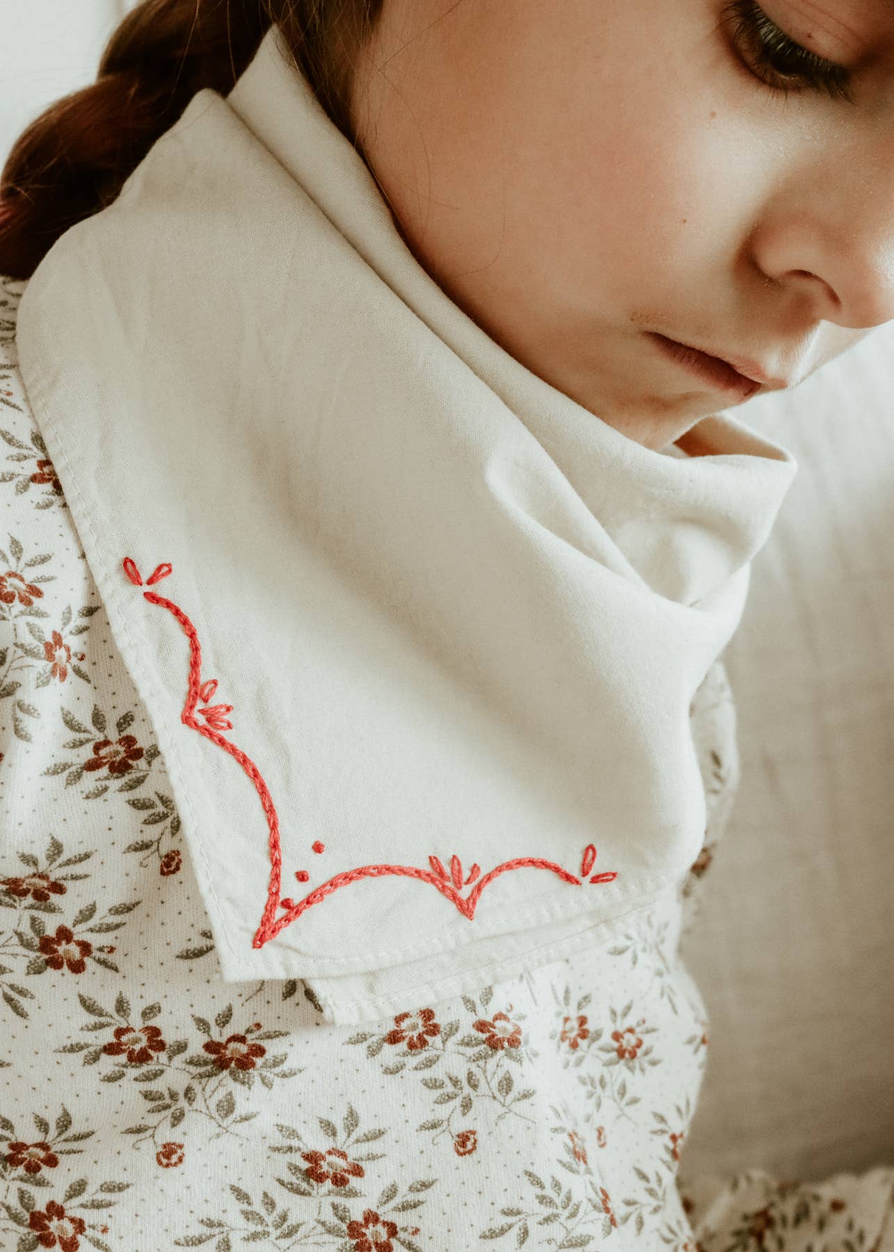 Hand embroidered RODEO cotton bandana, hand dyed : Sand/red thread
