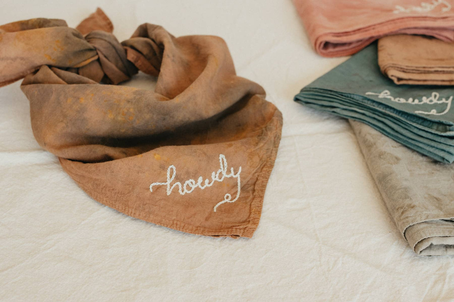 Hand embroidered Howdy organic cotton bandana- hand dyed: Strawberry red