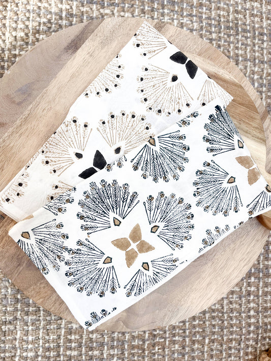 Tea Towel (Ivory) - Peacock Paradise, Black & Chai