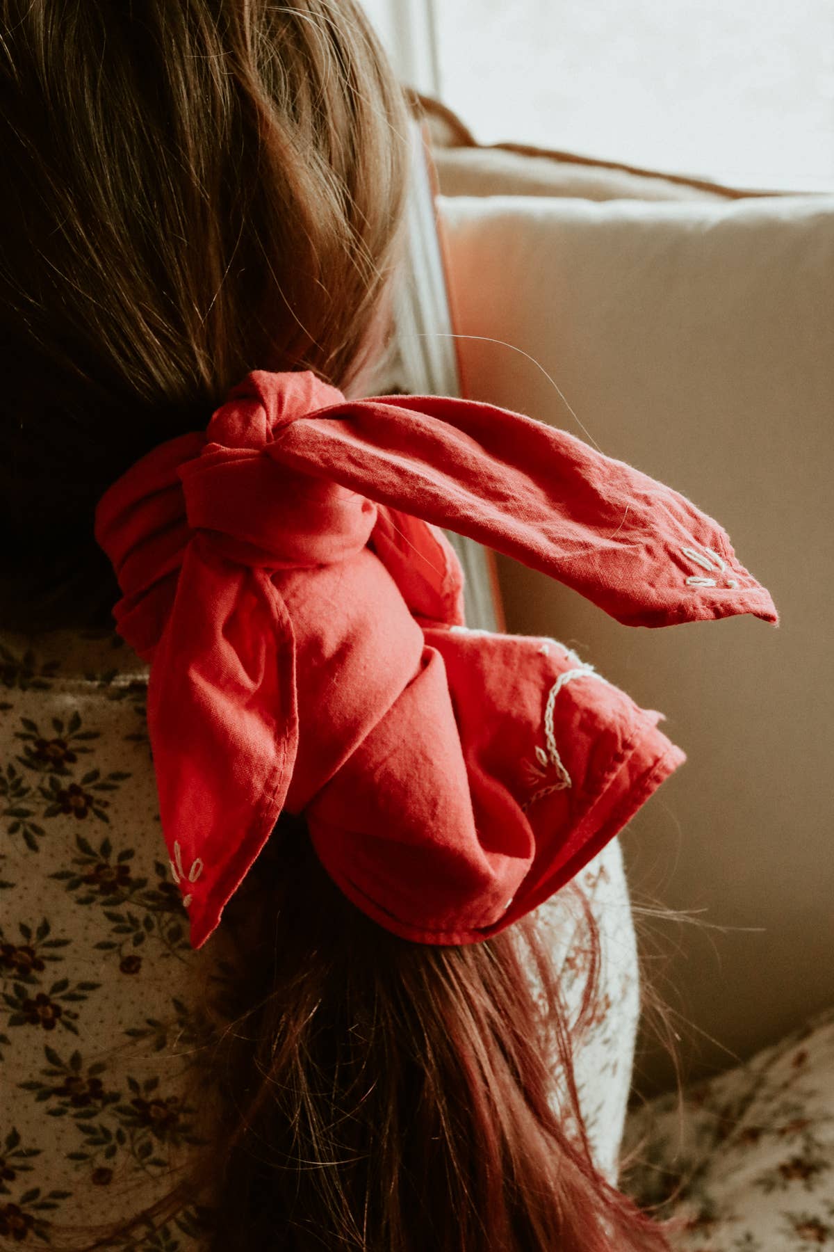 Hand embroidered RODEO cotton bandana, hand dyed : Red/ cream thread