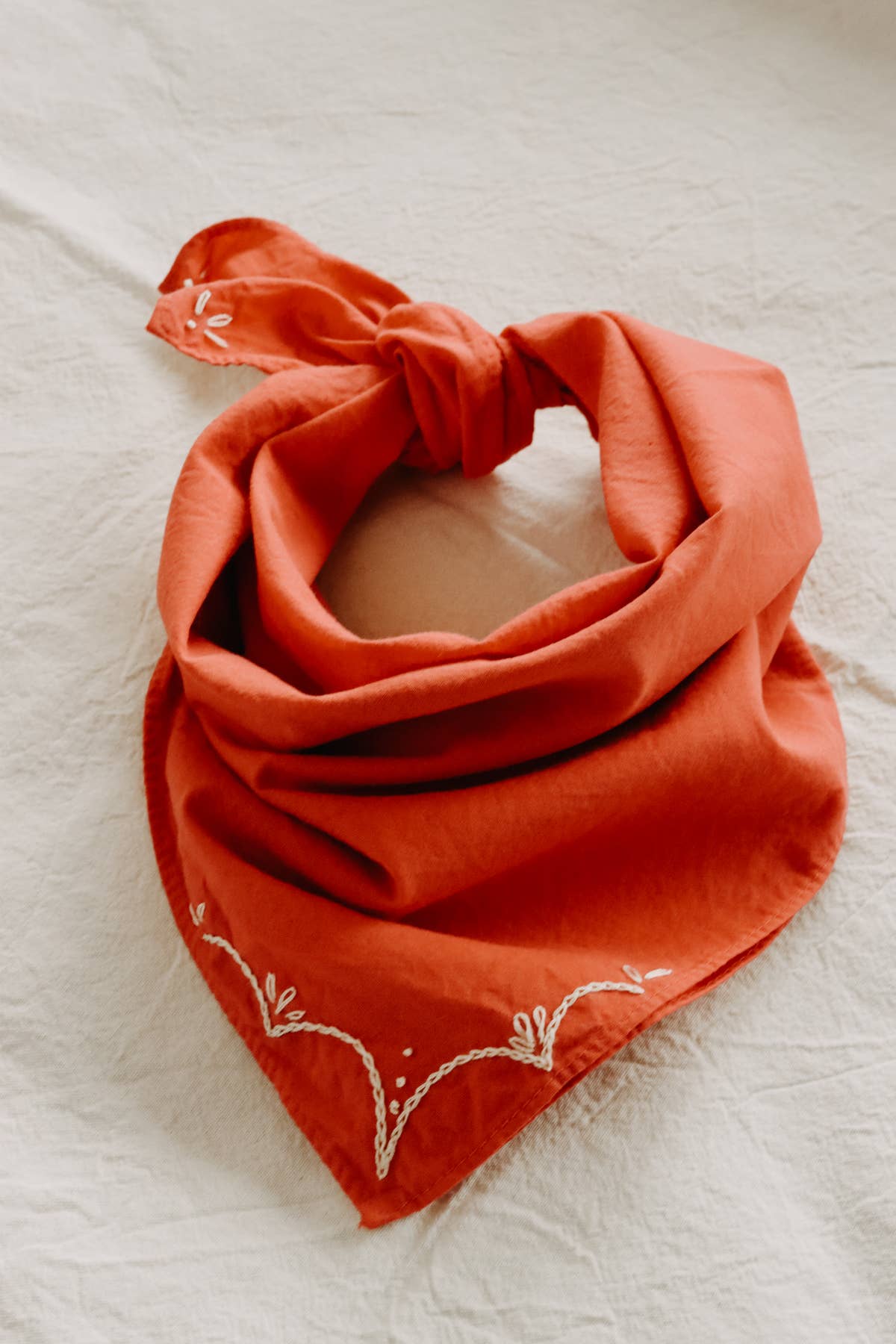 Hand embroidered RODEO cotton bandana, hand dyed : Red/ cream thread