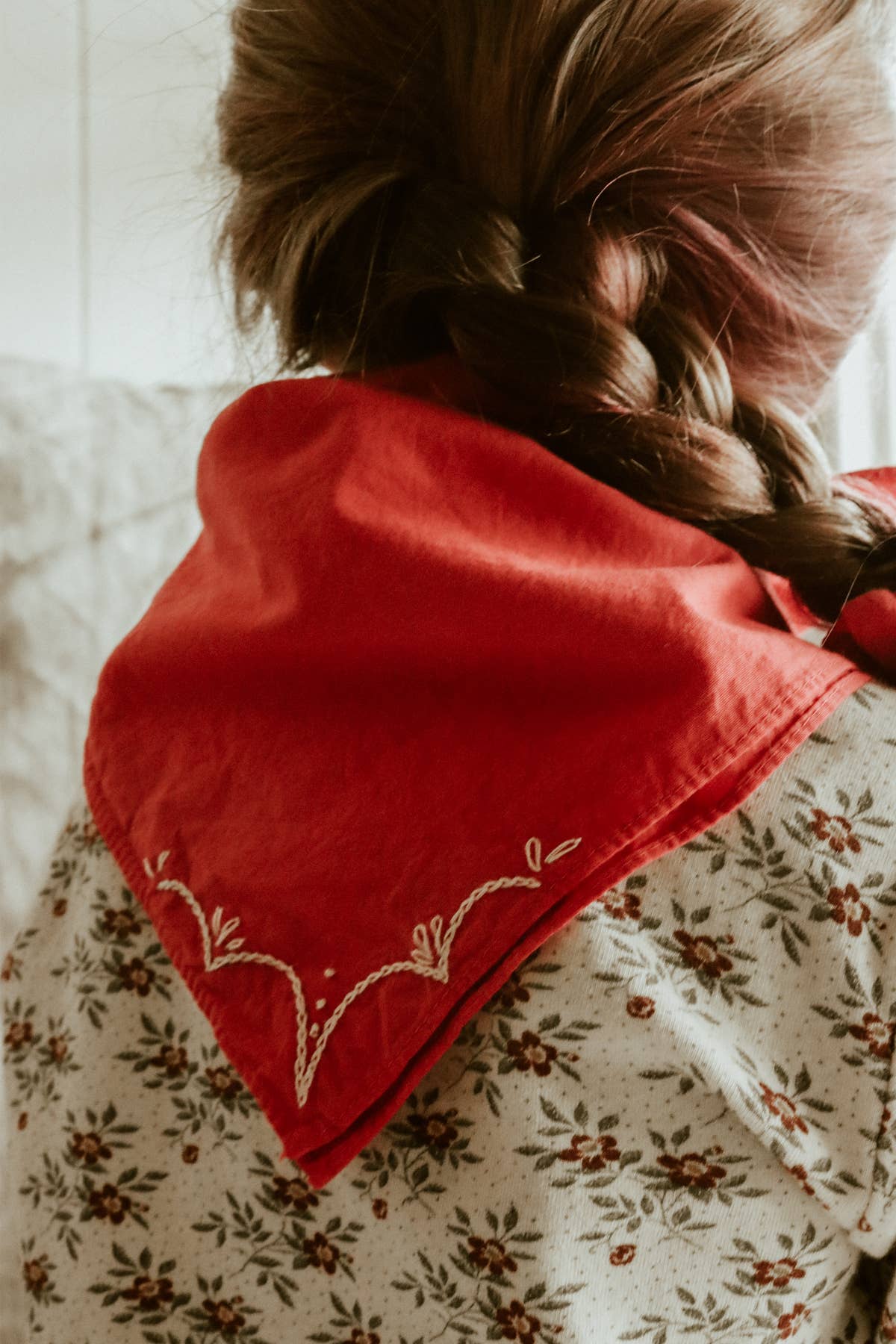 Hand embroidered RODEO cotton bandana, hand dyed : Sand/red thread