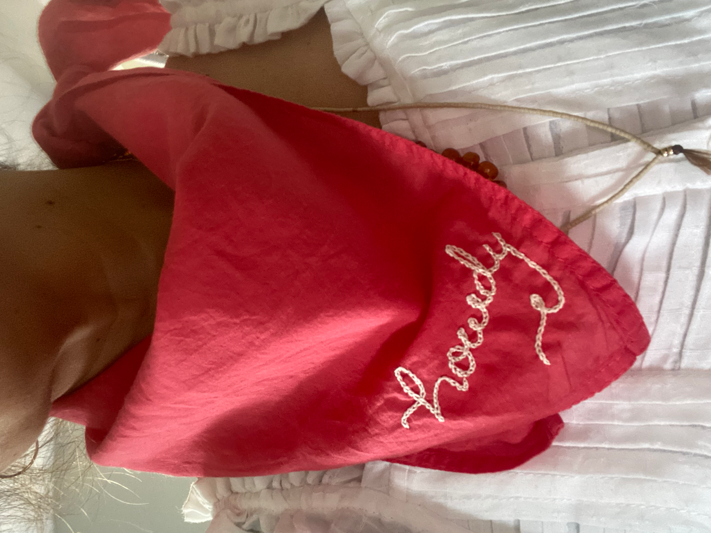 Hand embroidered Howdy organic cotton bandana- hand dyed: Strawberry red